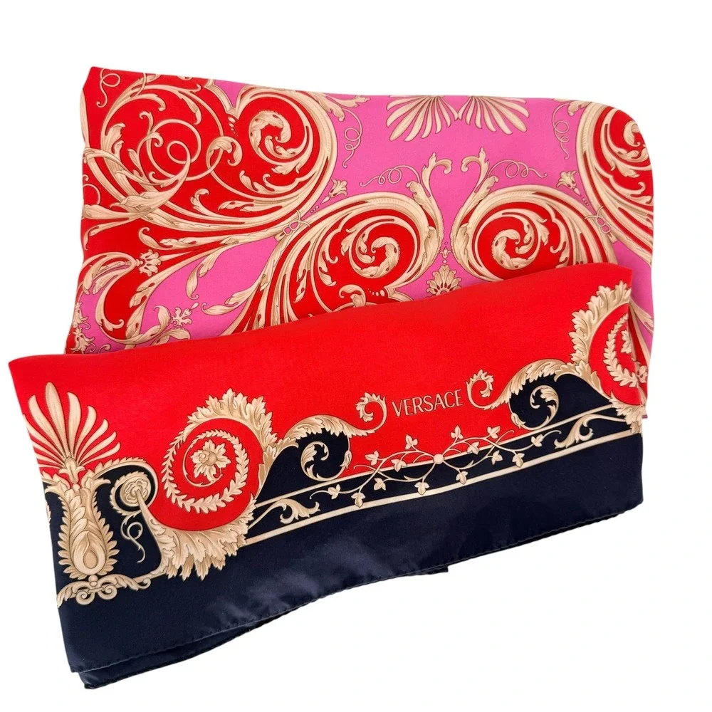 Versace Silk Scarf Red Navy Baroque Filigree Ornate Square 34